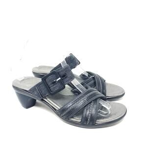 NAOT Marvel Black Leather Fabric Strappy Slide Sandal Mid Heel EU Size 39 Buckle